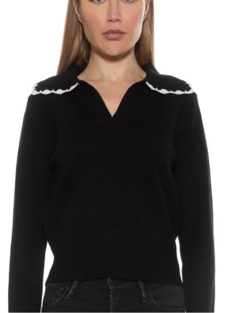 Alexia Admor Black V-Neck Sweater with White Scalloped Collar S2